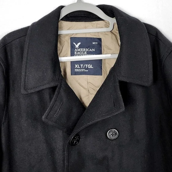 NEW American Eagle Double Breasted Wool Blend Winter‎ Pea Coat Mens XLT Black